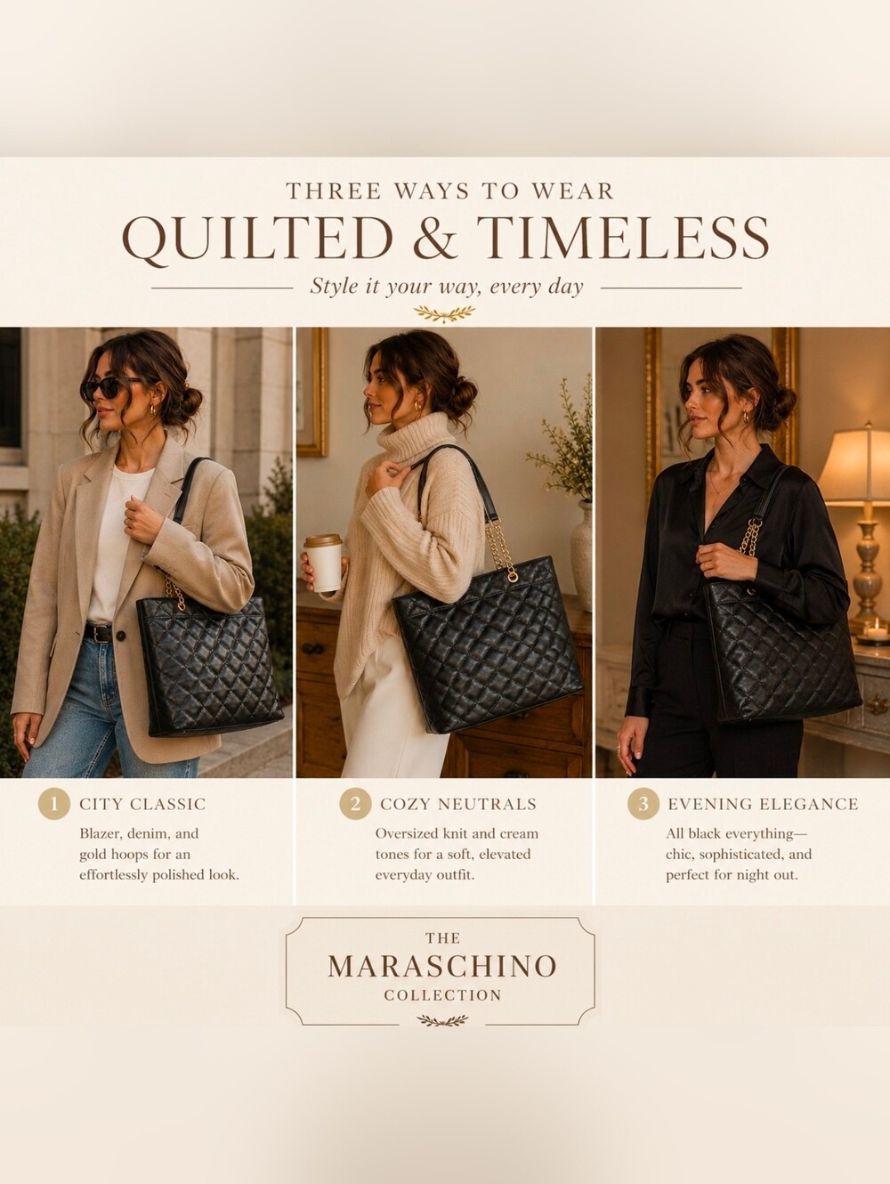 Talbots Quilted Leather Tote Bag | Black Gold Chain - Picture 8 of 11
